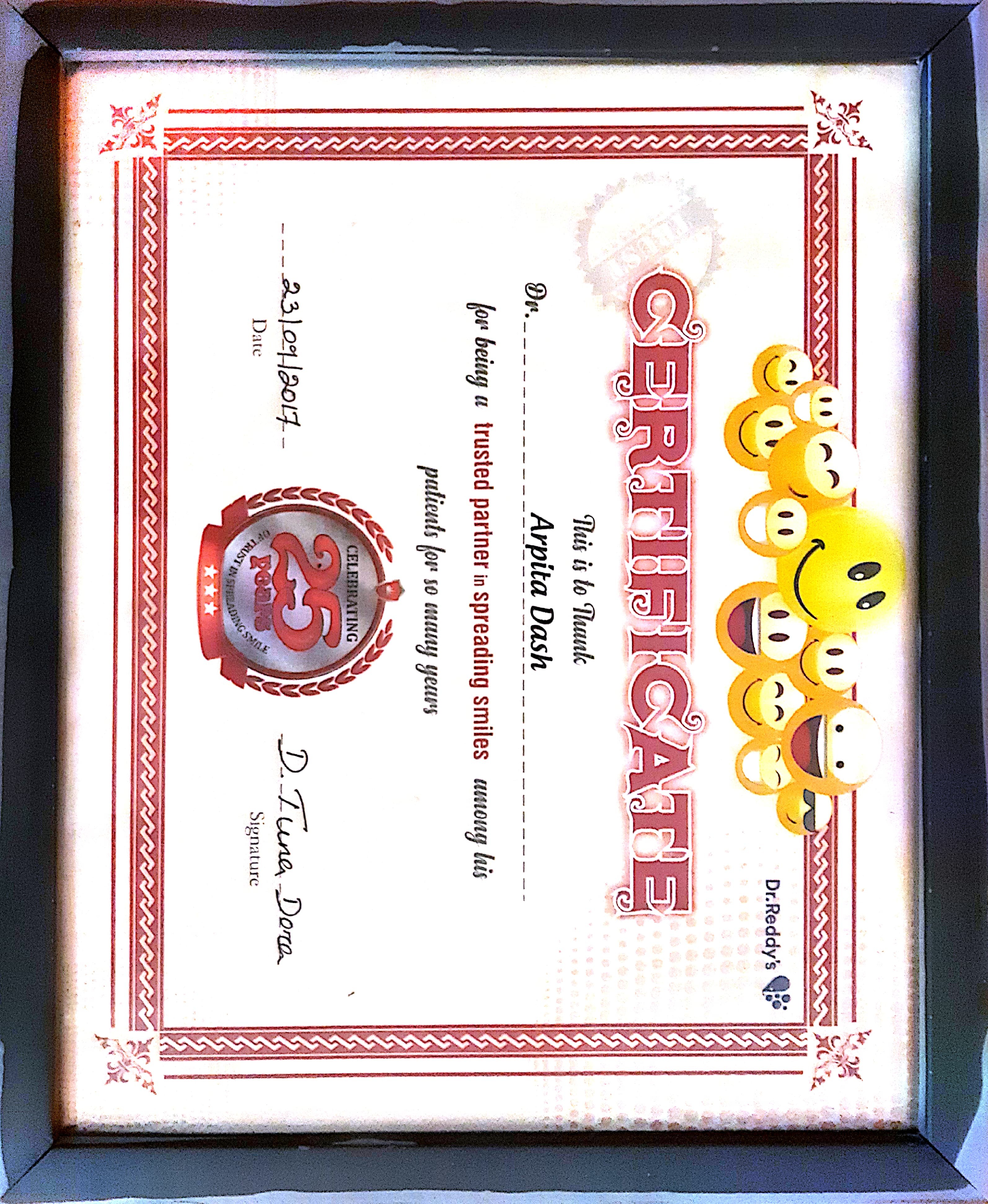 Certification for Spreading Smiles certificate - Dr. Arpita Dash